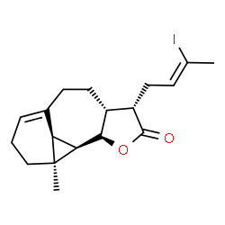 ChemSpider 2D Image | (3S,3aR,6aR,7S,7aR,7bR)-3-[(2Z)-3-Iodo-2-buten-1-yl]-7-methyloctahydro-2H-7,6-([1]propanyl[3]ylidene)cyclopropa[6,7]cyclohepta[1,2-b]furan-2-one | C18H23IO2