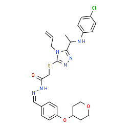 ChemSpider 2D Image | 2-[(4-Allyl-5-{1-[(4-chlorophenyl)amino]ethyl}-4H-1,2,4-triazol-3-yl)sulfanyl]-N'-{(Z)-[4-(tetrahydro-2H-pyran-4-yloxy)phenyl]methylene}acetohydrazide | C27H31ClN6O3S