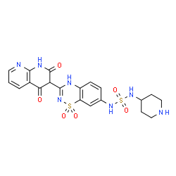 ChemSpider 2D Image | N-[3-(2,4-Dioxo-1,2,3,4-tetrahydro-1,8-naphthyridin-3-yl)-1,1-dioxido-4H-1,2,4-benzothiadiazin-7-yl]-N'-4-piperidinylsulfuric diamide | C20H21N7O6S2