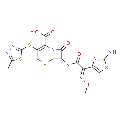 ChemSpider 2D Image | 7-{[(2E)-2-(2-Amino-1,3-thiazol-4-yl)-2-(methoxyimino)acetyl]amino}-3-[(5-methyl-1,3,4-thiadiazol-2-yl)sulfanyl]-8-oxo-5-thia-1-azabicyclo[4.2.0]oct-2-ene-2-carboxylic acid | C16H15N7O5S4