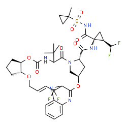 ChemSpider 2D Image | (1R,14E,18R,22R,29S)-N-[(1R,2R)-2-(Difluoromethyl)-1-{[(1-methylcyclopropyl)sulfonyl]carbamoyl}cyclopropyl]-13,13-difluoro-26-(2-methyl-2-propanyl)-24,27-dioxo-2,17,23-trioxa-4,11,25,28-tetraazapentac
yclo[26.2.1.0~3,12~.0~5,10~.0~18,22~]hentriaconta-3,5,7,9,11,14-hexaene-29-carboxamide | C38H46F4N6O9S