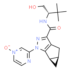 ChemSpider 2D Image | (4aR,5aR)-N-[(2S)-1-Hydroxy-3,3-dimethyl-2-butanyl]-1-(4-oxido-2-pyrazinyl)-4,4a,5,5a-tetrahydro-1H-cyclopropa[4,5]cyclopenta[1,2-c]pyrazole-3-carboxamide | C18H23N5O3