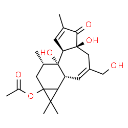 ChemSpider 2D Image | (1bR,4aS,7aR,7bS,8S)-4a,7b-Dihydroxy-3-(hydroxymethyl)-1,1,6,8-tetramethyl-5-oxo-1,1a,1b,4,4a,5,7a,7b,8,9-decahydro-9aH-cyclopropa[3,4]benzo[1,2-e]azulen-9a-yl acetate | C22H30O6