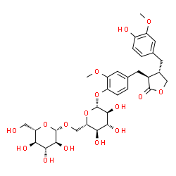 ChemSpider 2D Image | 4-{[(3S,4S)-4-(4-Hydroxy-3-methoxybenzyl)-2-oxotetrahydro-3-furanyl]methyl}-2-methoxyphenyl 6-O-beta-L-glucopyranosyl-beta-L-glucopyranoside | C32H42O16
