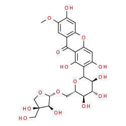 ChemSpider 2D Image | (1xi)-1,5-Anhydro-6-O-[(2S,3S,4S)-3,4-dihydroxy-4-(hydroxymethyl)tetrahydro-2-furanyl]-1-(1,3,6-trihydroxy-7-methoxy-9-oxo-9H-xanthen-2-yl)-L-glucitol | C25H28O15