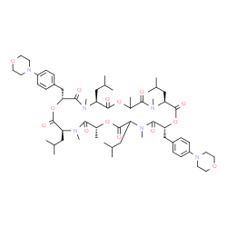 ChemSpider 2D Image | (3S,6R,12R,15S,21S,24R)-3,9,15,21-Tetraisobutyl-4,6,10,16,18,22-hexamethyl-12,24-bis[4-(4-morpholinyl)benzyl]-1,7,13,19-tetraoxa-4,10,16,22-tetraazacyclotetracosane-2,5,8,11,14,17,20,23-octone | C60H90N6O14