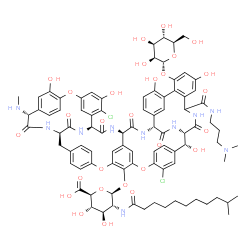 ChemSpider 2D Image | (1S,2R,19R,22R,33S,36R,39R)-5,31-Dichloro-51-{[3-(dimethylamino)propyl]carbamoyl}-2,25,30,43,48-pentahydroxy-46-(alpha-D-mannopyranosyloxy)-22-(methylamino)-21,34,37,53,55,58-hexaoxo-7,13,27-trioxa-20
,35,38,52,54,57-hexaazaundecacyclo[37.14.2.2~3,6~.2~14,17~.2~19,33~.2~23,26~.1~8,12~.1~28,32~.1~40,44~.0~10,36~.0~45,50~]hexahexaconta-3,5,8(64),9,11,14,16,23,25,28(59),29,31,40(56),41,43,45,47,49,60,
62,65-henicosaen-64-yl 2-deoxy-2-[(10-methylundecanoyl)amino]-beta-D-glucopyranosiduronic acid | C88H100Cl2N10O28