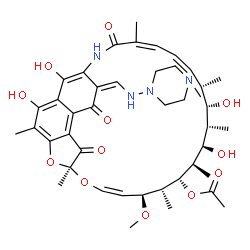 ChemSpider 2D Image | (7S,9Z,11S,12R,13S,14R,15R,16S,17S,18S,19Z,21Z,26Z)-2,15,17,29-Tetrahydroxy-11-methoxy-3,7,12,14,16,18,22-heptamethyl-26-{[(4-methyl-1-piperazinyl)amino]methylene}-6,23,27-trioxo-8,30-dioxa-24-azatetr
acyclo[23.3.1.1~4,7~.0~5,28~]triaconta-1(28),2,4,9,19,21,25(29)-heptaen-13-yl acetate | C43H58N4O12