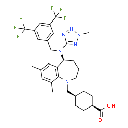 ChemSpider 2D Image | cis-4-{[(5S)-5-{[3,5-Bis(trifluoromethyl)benzyl](2-methyl-2H-tetrazol-5-yl)amino}-7,9-dimethyl-2,3,4,5-tetrahydro-1H-1-benzazepin-1-yl]methyl}cyclohexanecarboxylic acid | C31H36F6N6O2