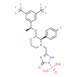 ChemSpider 2D Image | (3-{[(2R,3R)-2-{(1S)-1-[3,5-Bis(trifluoromethyl)phenyl]ethoxy}-3-(4-fluorophenyl)-4-morpholinyl]methyl}-5-oxo-2,5-dihydro-1H-1,2,4-triazol-1-yl)phosphonic acid | C23H22F7N4O6P