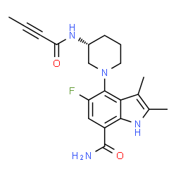 ChemSpider 2D Image | 4-[(3R)-3-(2-Butynoylamino)-1-piperidinyl]-5-fluoro-2,3-dimethyl-1H-indole-7-carboxamide | C20H23FN4O2