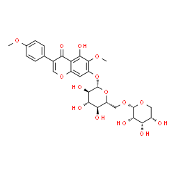 ChemSpider 2D Image | 5-Hydroxy-6-methoxy-3-(4-methoxyphenyl)-4-oxo-4H-chromen-7-yl 6-O-alpha-L-ribopyranosyl-beta-D-glucopyranoside | C28H32O15