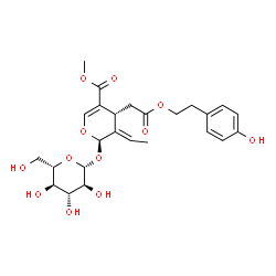 ChemSpider 2D Image | Methyl (2R,3E,4R)-3-ethylidene-2-(beta-L-glucopyranosyloxy)-4-{2-[2-(4-hydroxyphenyl)ethoxy]-2-oxoethyl}-3,4-dihydro-2H-pyran-5-carboxylate | C25H32O12