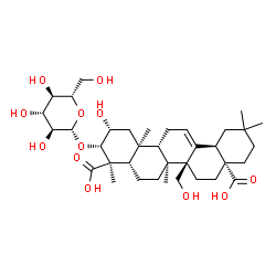 ChemSpider 2D Image | (2alpha,3alpha,5beta,8alpha,9beta,10alpha,14beta,17alpha,18alpha)-3-(beta-L-Glucopyranosyloxy)-2,27-dihydroxyolean-12-ene-24,28-dioic acid | C36H56O12