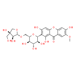 ChemSpider 2D Image | (1R)-1,5-Anhydro-6-O-[(2S,3S,4S)-3,4-dihydroxy-4-(hydroxymethyl)tetrahydro-2-furanyl]-1-(1,3,6-trihydroxy-7-methoxy-9-oxo-9H-xanthen-2-yl)-L-glucitol | C25H28O15