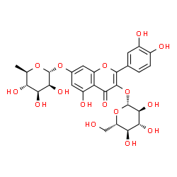 ChemSpider 2D Image | 7-[(6-Deoxy-alpha-D-mannopyranosyl)oxy]-2-(3,4-dihydroxyphenyl)-5-hydroxy-4-oxo-4H-chromen-3-yl beta-L-glucopyranoside | C27H30O16