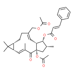 ChemSpider 2D Image | (1aS,2E,4aS,6R,7R,7aR,8Z,11aR)-4a-Acetoxy-9-(acetoxymethyl)-1,1,3,6-tetramethyl-4-oxo-1a,4,4a,5,6,7,7a,10,11,11a-decahydro-1H-cyclopenta[a]cyclopropa[f][11]annulen-7-yl (2E)-3-phenylacrylate | C33H40O7