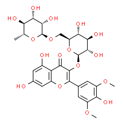 ChemSpider 2D Image | 5,7-Dihydroxy-2-(4-hydroxy-3,5-dimethoxyphenyl)-4-oxo-4H-chromen-3-yl 6-O-(6-deoxy-alpha-D-mannopyranosyl)-beta-L-glucopyranoside | C29H34O17