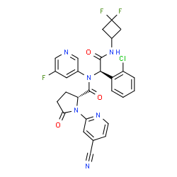 ChemSpider 2D Image | N-{(1R)-1-(2-Chlorophenyl)-2-[(3,3-difluorocyclobutyl)amino]-2-oxoethyl}-1-(4-cyano-2-pyridinyl)-N-(5-fluoro-3-pyridinyl)-5-oxo-D-prolinamide | C28H22ClF3N6O3