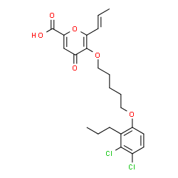 ChemSpider 2D Image | 5-{[5-(3,4-Dichloro-2-propylphenoxy)pentyl]oxy}-4-oxo-6-[(1E)-1-propen-1-yl]-4H-pyran-2-carboxylic acid | C23H26Cl2O6