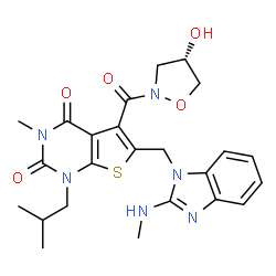 ChemSpider 2D Image | 5-{[(4S)-4-Hydroxy-1,2-oxazolidin-2-yl]carbonyl}-1-isobutyl-3-methyl-6-{[2-(methylamino)-1H-benzimidazol-1-yl]methyl}thieno[2,3-d]pyrimidine-2,4(1H,3H)-dione | C24H28N6O5S