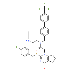 ChemSpider 2D Image | 2-{2-[(4-Fluorobenzyl)sulfanyl]-4-oxo-4,5,6,7-tetrahydro-1H-cyclopenta[d]pyrimidin-1-yl}-N-{2-[(2-methyl-2-propanyl)amino]ethyl}-N-{[4'-(trifluoromethyl)-4-biphenylyl]methyl}acetamide | C36H38F4N4O2S