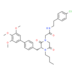 ChemSpider 2D Image | 2-{(3R)-4-Butyl-2,5-dioxo-3-[(3',4',5'-trimethoxy-4-biphenylyl)methyl]-1-piperazinyl}-N-[2-(4-chlorophenyl)ethyl]acetamide | C34H40ClN3O6