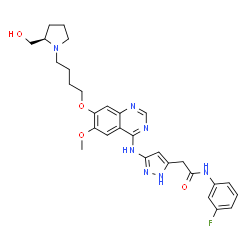 ChemSpider 2D Image | N-(3-Fluorophenyl)-2-{3-[(7-{4-[(2R)-2-(hydroxymethyl)-1-pyrrolidinyl]butoxy}-6-methoxy-4-quinazolinyl)amino]-1H-pyrazol-5-yl}acetamide | C29H34FN7O4