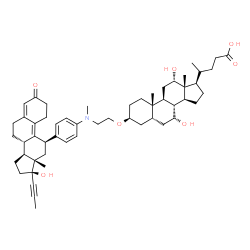 ChemSpider 2D Image | (4R)-4-[(3S,5R,7R,8R,9S,10S,12S,13R,14S,17R)-7,12-Dihydroxy-3-{2-[{4-[(8S,11R,13S,14S,17S)-17-hydroxy-13-methyl-3-oxo-17-(1-propyn-1-yl)-2,3,6,7,8,11,12,13,14,15,16,17-dodecahydro-1H-cyclopenta[a]phen
anthren-11-yl]phenyl}(methyl)amino]ethoxy}-10,13-dimethylhexadecahydro-1H-cyclopenta[a]phenanthren-17-yl]pentanoic acid | C54H75NO7