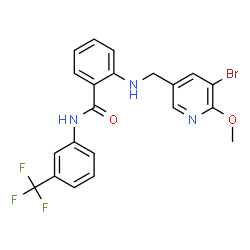 ChemSpider 2D Image | 2-{[(5-Bromo-6-methoxy-3-pyridinyl)methyl]amino}-N-[3-(trifluoromethyl)phenyl]benzamide | C21H17BrF3N3O2