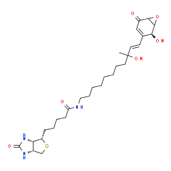 ChemSpider 2D Image | N-{(10E)-9-Hydroxy-11-[(2S)-2-hydroxy-5-oxo-7-oxabicyclo[4.1.0]hept-3-en-3-yl]-9-methyl-10-undecen-1-yl}-5-[(3aS,4S,6aR)-2-oxohexahydro-1H-thieno[3,4-d]imidazol-4-yl]pentanamide | C28H43N3O6S