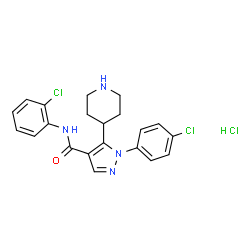 ChemSpider 2D Image | N-(2-Chlorophenyl)-1-(4-chlorophenyl)-5-(4-piperidinyl)-1H-pyrazole-4-carboxamide hydrochloride (1:1) | C21H21Cl3N4O