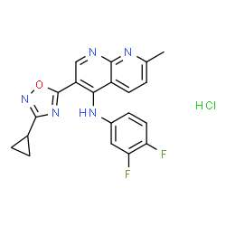 ChemSpider 2D Image | 3-(3-Cyclopropyl-1,2,4-oxadiazol-5-yl)-N-(3,4-difluorophenyl)-7-methyl-1,8-naphthyridin-4-amine hydrochloride (1:1) | C20H16ClF2N5O