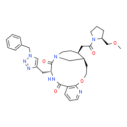 ChemSpider 2D Image | (1R,13R,18S)-13-[(1-Benzyl-1H-1,2,3-triazol-4-yl)methyl]-18-{2-[(2S)-2-(methoxymethyl)-1-pyrrolidinyl]-2-oxoethyl}-4-oxa-6,12,15-triazatricyclo[13.3.1.0~5,10~]nonadeca-5,7,9-triene-11,14-dione | C33H41N7O5