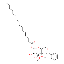 ChemSpider 2D Image | (6S,7S,8S,8aR)-7,8-Dihydroxy-8,8a-dimethoxy-2-phenylhexahydropyrano[3,2-d][1,3]dioxin-6-yl palmitate | C31H50O9