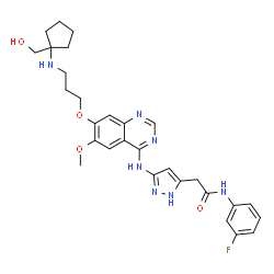 ChemSpider 2D Image | N-(3-Fluorophenyl)-2-(3-{[7-(3-{[1-(hydroxymethyl)cyclopentyl]amino}propoxy)-6-methoxy-4-quinazolinyl]amino}-1H-pyrazol-5-yl)acetamide | C29H34FN7O4