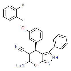 ChemSpider 2D Image | (4R)-6-Amino-4-{3-[(2-fluorobenzyl)oxy]phenyl}-3-phenyl-2,4-dihydropyrano[2,3-c]pyrazole-5-carbonitrile | C26H19FN4O2