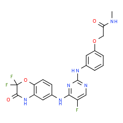 ChemSpider 2D Image | 2-[3-({4-[(2,2-Difluoro-3-oxo-3,4-dihydro-2H-1,4-benzoxazin-6-yl)amino]-5-fluoro-2-pyrimidinyl}amino)phenoxy]-N-methylacetamide | C21H17F3N6O4
