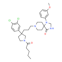 ChemSpider 2D Image | 8-{3-[3-(3,4-Dichlorophenyl)-1-pentanoyl-3-pyrrolidinyl]propyl}-1-(3-methoxyphenyl)-1,3,8-triazaspiro[4.5]decan-4-one | C32H42Cl2N4O3