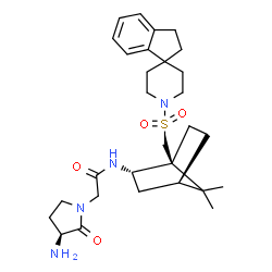 ChemSpider 2D Image | 2-[(3S)-3-Amino-2-oxo-1-pyrrolidinyl]-N-{(1S,2S,4R)-1-[(2,3-dihydro-1'H-spiro[indene-1,4'-piperidin]-1'-ylsulfonyl)methyl]-7,7-dimethylbicyclo[2.2.1]hept-2-yl}acetamide | C29H42N4O4S