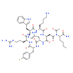 ChemSpider 2D Image | (2S)-2-[acetyl-[2-[(2S,5S,8R,11S,14S,17S)-17-(4-aminobutyl)-8-[(4-fluorophenyl)methyl]-11-(3-guanidinopropyl)-5-(3H-imidazol-4-ylmethyl)-14-(1H-indol-3-ylmethyl)-3,6,9,12,15,18-hexaoxo-1,4,7,10,13,16-hexazacyclooctadec-2-yl]acetyl]amino]hexanamide | C50H68FN15O9