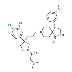 ChemSpider 2D Image | 8-{3-[3-(3,4-Dichlorophenyl)-1-(3-methylbutanoyl)-3-pyrrolidinyl]propyl}-1-(3-methoxyphenyl)-1,3,8-triazaspiro[4.5]decan-4-one | C32H42Cl2N4O3