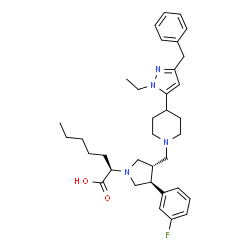 ChemSpider 2D Image | (2R)-2-[(3S,4S)-3-{[4-(3-Benzyl-1-ethyl-1H-pyrazol-5-yl)-1-piperidinyl]methyl}-4-(3-fluorophenyl)-1-pyrrolidinyl]heptanoic acid | C35H47FN4O2