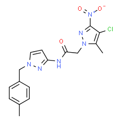 ChemSpider 2D Image | 2-(4-Chloro-5-methyl-3-nitro-1H-pyrazol-1-yl)-N-[1-(4-methylbenzyl)-1H-pyrazol-3-yl]acetamide | C17H17ClN6O3