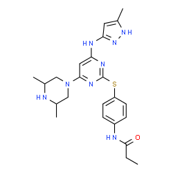 ChemSpider 2D Image | N-[4-({4-(3,5-Dimethyl-1-piperazinyl)-6-[(5-methyl-1H-pyrazol-3-yl)amino]-2-pyrimidinyl}sulfanyl)phenyl]propanamide | C23H30N8OS
