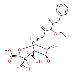 ChemSpider 2D Image | (1S,3S,4S,5R,6R,7R)-1-[(4S,5R)-4-Ethoxy-5-methyl-3-methylene-6-phenylhexyl]-4,6,7-trihydroxy-2,8-dioxabicyclo[3.2.1]octane-3,4,5-tricarboxylic acid | C25H32O12