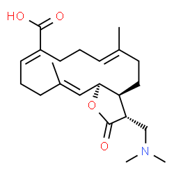 ChemSpider 2D Image | (3R,3aS,6E,10E,14E,15aR)-3-[(Dimethylamino)methyl]-6,14-dimethyl-2-oxo-2,3,3a,4,5,8,9,12,13,15a-decahydrocyclotetradeca[b]furan-10-carboxylic acid | C22H33NO4