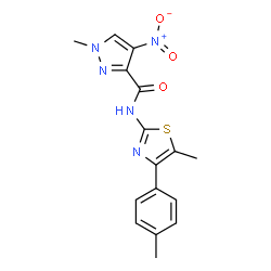 ChemSpider 2D Image | 1-Methyl-N-[5-methyl-4-(4-methylphenyl)-1,3-thiazol-2-yl]-4-nitro-1H-pyrazole-3-carboxamide | C16H15N5O3S