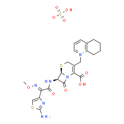 ChemSpider 2D Image | 1-{[(6R,7R)-7-{[(2E)-2-(2-Amino-1,3-thiazol-4-yl)-2-(methoxyimino)acetyl]amino}-2-carboxy-8-oxo-5-thia-1-azabicyclo[4.2.0]oct-2-en-3-yl]methyl}-5,6,7,8-tetrahydroquinolinium hydrogen sulfate | C23H26N6O9S3