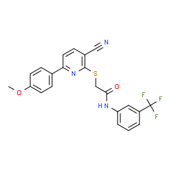 ChemSpider 2D Image | 2-{[3-Cyano-6-(4-methoxyphenyl)-2-pyridinyl]sulfanyl}-N-[3-(trifluoromethyl)phenyl]acetamide | C22H16F3N3O2S
